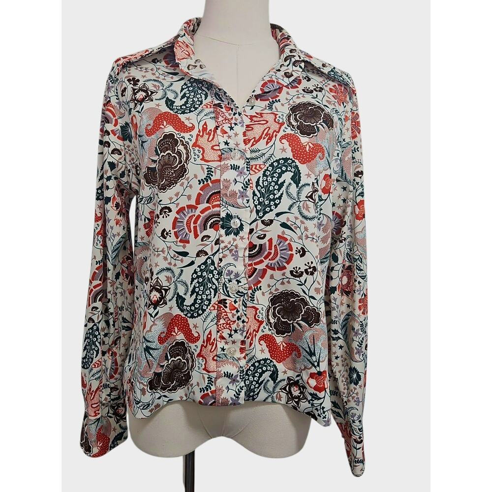 Vntg 70s Cricket Lane Blouse Cottage Retro White Orange Brown Floral Shirt L BU